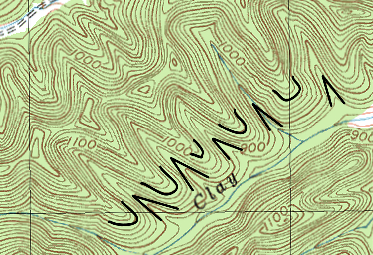 Contour lines on a map identifying spurs