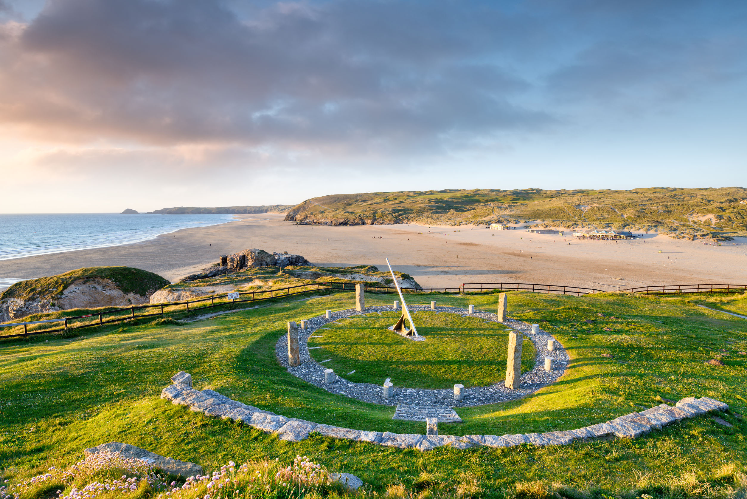 A giant sundial above the beach at Perranporth in Cornwall