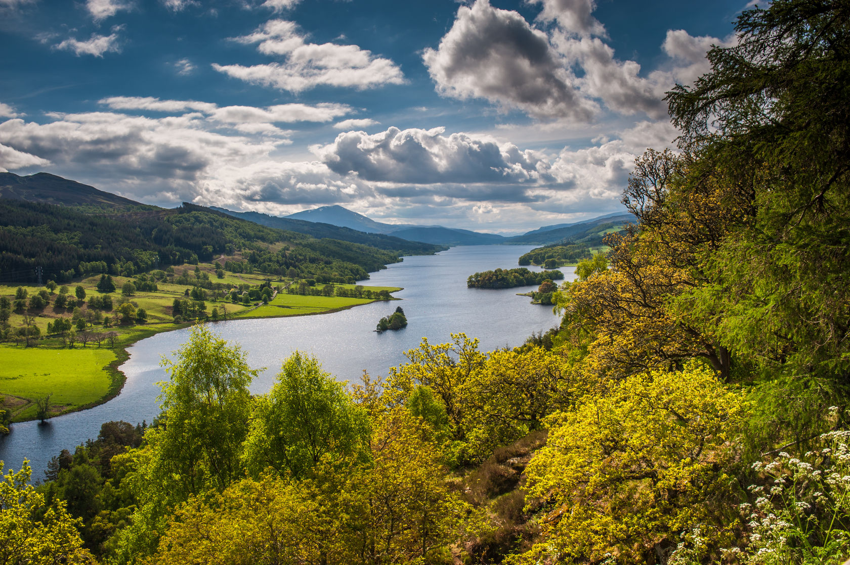 queens view near pitlochry, scotland looking west along loch tummel